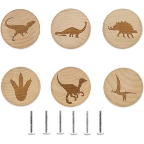 6PCS Engraved Dinosaur Nursery Kids Cute Dresser Knobs Room Animal Drawer Natural Round Wood Cabinet Jungle Dresser Furniture Knobs