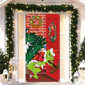 Sunwer Christmas Door Cover Whoville Xmas Winter Holiday Party Decoration Front Porch Sign Backdrop Banner for Home Indoor Outdoor Decor