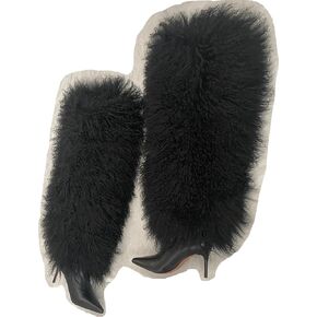 DR-64 Women's Pointed High Heels Boots With Fluffy Real Mongolian Curly Lamb Fur Over Knee Real Cow Leather Boot
