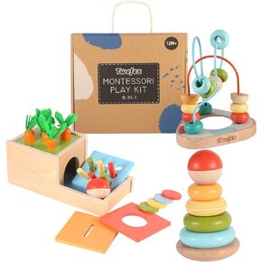 Wooden ​Montessori Learning Toys Kit,Babies Toys Set for 1 Year Old, Sensory and Thinking Play kit for Toddlers (Boys and Girls). 4 in 1 Drop Box; Rocking Stacker; Bead Maze.