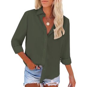 Womens Button Down Shirts Long Sleeve Wrinkle Free Work Office Button Up Dress Shirt with Pocket in Kuwait