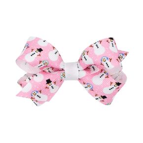 Wee Ones Girls' Grosgrain Pink-themed Christmas Novelty Print Hair Bow, Mini, Pink Snowman
