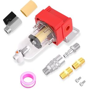 Air Compressor Moisture Filter, Air Line Filter Manual Drain, 1/4" NPT Inlet with 5 Micron Brass Element and Valve Shut Off Switch for Air Tools and Spray Paint Gun