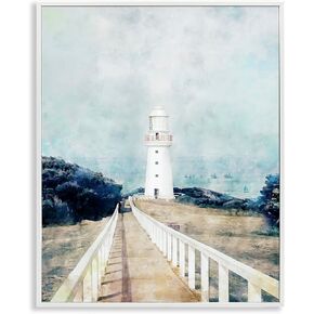 Stupell Industries Lighthouse Boardwalk Rocky Cliff Coastal Landscape Water White Framed Wall Art, 11x14, Blue