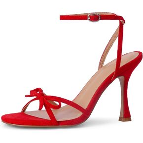iiimmu Women's Bow Heels 4 IN Stiletto Heels Open Toe Sandal Heels Ankle Strap Cute Elegant Summer Heels Faux Suede Red High Heels, Size 7