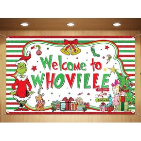 Sunwer Welcome to Whoville Photo Booth Backdrop Green Christmas Winter Holiday Party Decorations Home Indoor Outdoor Wall Hanging Banner (White-A, 5.9×3.6ft)
