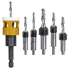 5Pcs Countersink Drill Bits Set with Low Friction Depth Stop, with 10Pcs Extra Replacement HSS Drill Bit, Adjustable Depth Stop for Wood, Plastic, Woodworking, 1/4" Quick Change Hex Shank