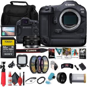 Canon EOS R3 Mirrorless Camera (4895C002) + Canon RF 50mm f/1.8 STM Lens (4515C002) + Sony 64GB Tough SD Card + Card Reader + LED Light + Corel Photo Software + Telephoto Lens + More (Renewed)