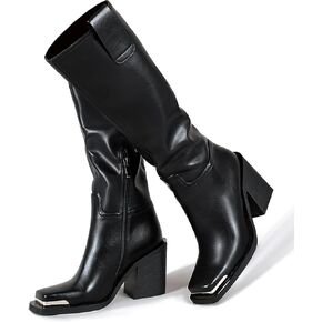 Women's Rock Westrern Boots Knee High Metal Square Toe Wide Calf Punk Gothic Boots Pull On Tabs Cowboy Boots