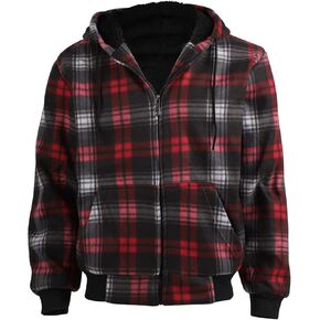 TanBridge Men's Plaid Shirts Jacket Hooded Plaid Sherpa-lined Flannel Shirt Jacket Full Zip Up Winter Warm Sweatshirts