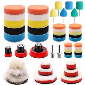 Car Buffer Drill Attachment, 50P Mixed Sizes Buffing Pads for Drill Suitable for Various Projects and Surfaces Buffing Pads Made of Different Materials with Thread Backing Pads and Adapters