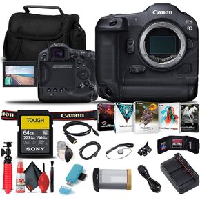 Canon EOS R3 Mirrorless Camera (4895C002) + Sony 64GB Tough SD Card + Card Reader + Corel Photo Software + HDMI Cable + Case + Flex Tripod + Hand Strap + Cap Keeper + Memory Wallet + More (Renewed)