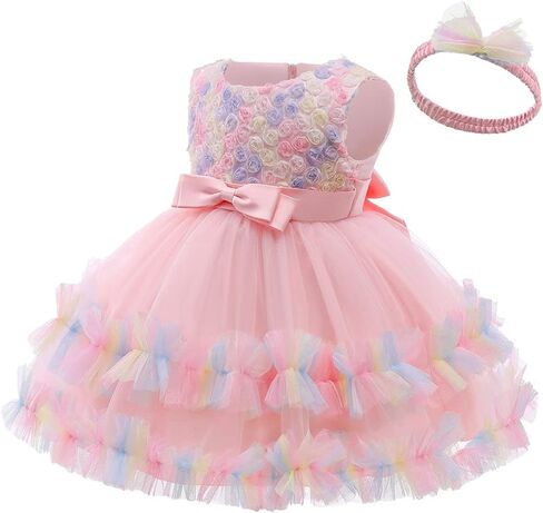 AVAZU 3M-6T 3D زهرة طفل رضيع الفتيات الزفاف مهرجان الطبقات فساتين حفلة عيد ميلاد مع أغطية الرأس in Kuwait