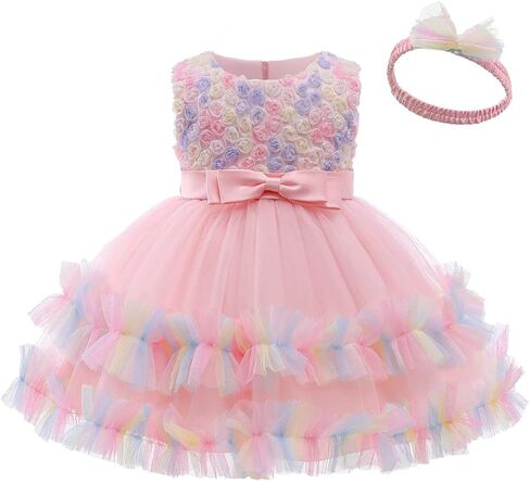 AVAZU 3M-6T 3D زهرة طفل رضيع الفتيات الزفاف مهرجان الطبقات فساتين حفلة عيد ميلاد مع أغطية الرأس in Kuwait