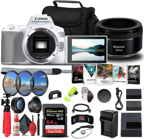Canon EOS 250D / Rebel SL3 DSLR Camera (Body Only), (White) Canon EF 50mm Lens, 64GB Memory Card, Filter Kit, LPE17 Battery, External Charger, Card Reader + More (Renewed) in Saudi Arabia