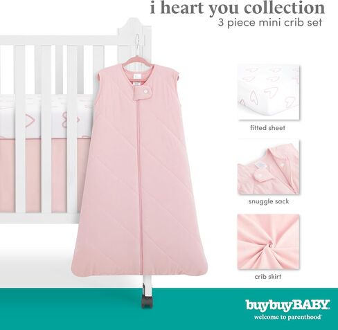 Evolur Buybuy Baby Baby Pink & Heart Print 3 Piece Mini Crib Bedding Set, Machine Washable, Soft and Breathable Toddler Bedding Set, Includes Fitted Sheet, Comfortor and Crib Skirt in Kuwait