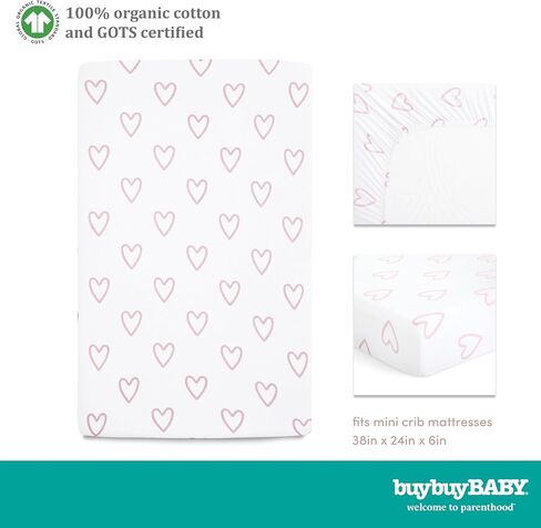 Evolur Buybuy Baby Baby Pink & Heart Print 3 Piece Mini Crib Bedding Set, Machine Washable, Soft and Breathable Toddler Bedding Set, Includes Fitted Sheet, Comfortor and Crib Skirt in Kuwait