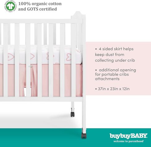 Evolur Buybuy Baby Baby Pink & Heart Print 3 Piece Mini Crib Bedding Set, Machine Washable, Soft and Breathable Toddler Bedding Set, Includes Fitted Sheet, Comfortor and Crib Skirt in Kuwait