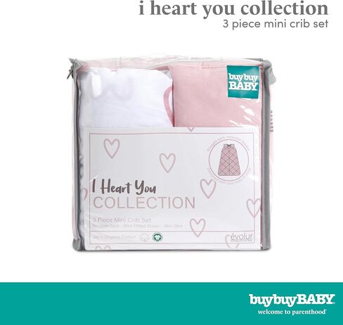 Evolur Buybuy Baby Baby Pink & Heart Print 3 Piece Mini Crib Bedding Set, Machine Washable, Soft and Breathable Toddler Bedding Set, Includes Fitted Sheet, Comfortor and Crib Skirt in Kuwait