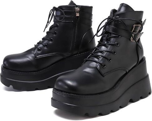 Womens Goth Platform Boots Chunky High Heel Booties Round Toe Combat Ankle Boots Womens Lace Up Motorcycle Wedges Shoes in Saudi Arabia