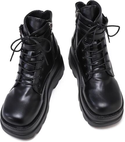 Womens Goth Platform Boots Chunky High Heel Booties Round Toe Combat Ankle Boots Womens Lace Up Motorcycle Wedges Shoes in Saudi Arabia