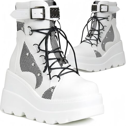 Womens Goth Platform Boots Chunky High Heel Booties Round Toe Combat Ankle Boots Womens Lace Up Motorcycle Wedges Shoes in Saudi Arabia