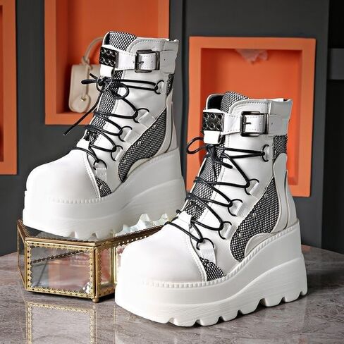 Womens Goth Platform Boots Chunky High Heel Booties Round Toe Combat Ankle Boots Womens Lace Up Motorcycle Wedges Shoes in Saudi Arabia