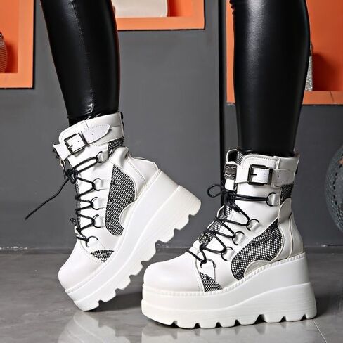 Womens Goth Platform Boots Chunky High Heel Booties Round Toe Combat Ankle Boots Womens Lace Up Motorcycle Wedges Shoes in Saudi Arabia