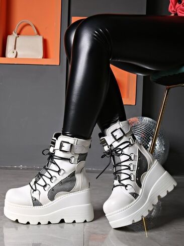 Womens Goth Platform Boots Chunky High Heel Booties Round Toe Combat Ankle Boots Womens Lace Up Motorcycle Wedges Shoes in Saudi Arabia