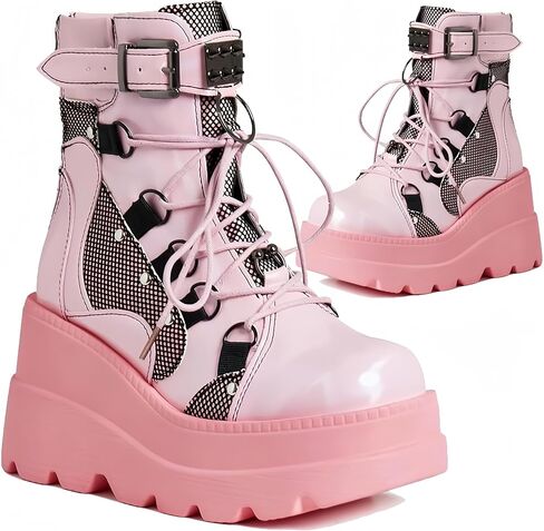Womens Goth Platform Boots Chunky High Heel Booties Round Toe Combat Ankle Boots Womens Lace Up Motorcycle Wedges Shoes in Saudi Arabia