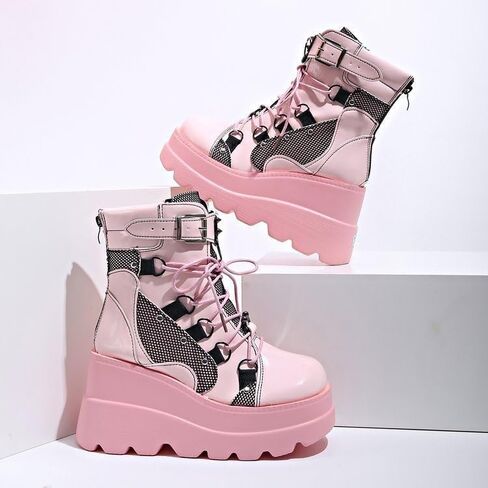 Womens Goth Platform Boots Chunky High Heel Booties Round Toe Combat Ankle Boots Womens Lace Up Motorcycle Wedges Shoes in Saudi Arabia