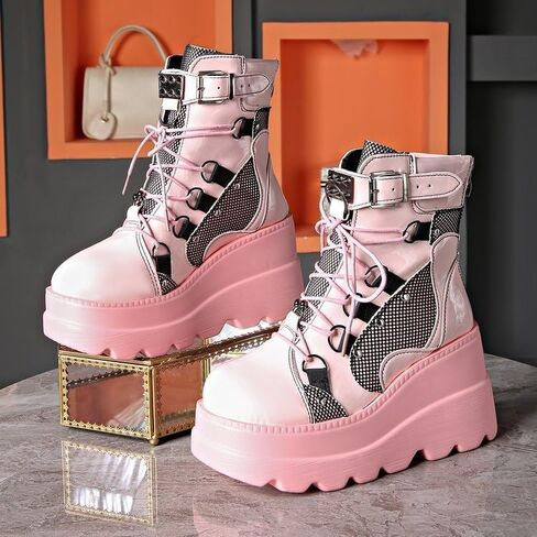Womens Goth Platform Boots Chunky High Heel Booties Round Toe Combat Ankle Boots Womens Lace Up Motorcycle Wedges Shoes in Saudi Arabia