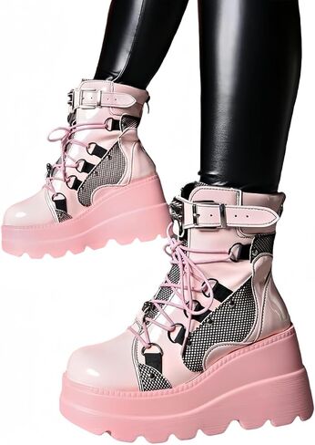 Womens Goth Platform Boots Chunky High Heel Booties Round Toe Combat Ankle Boots Womens Lace Up Motorcycle Wedges Shoes in Saudi Arabia
