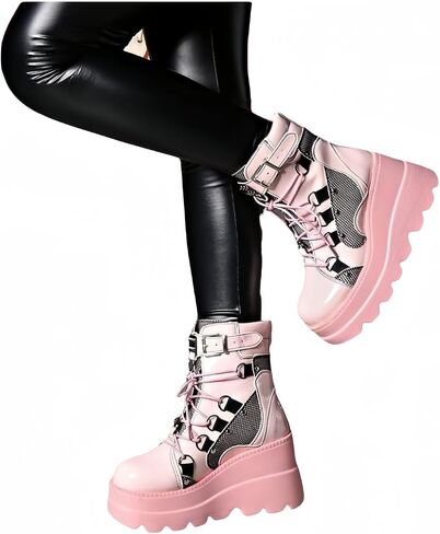 Womens Goth Platform Boots Chunky High Heel Booties Round Toe Combat Ankle Boots Womens Lace Up Motorcycle Wedges Shoes in Saudi Arabia