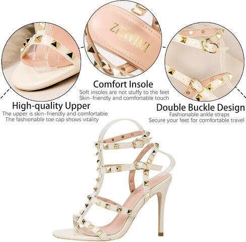 Women's Studded Strappy Leather Stiletto Heels Sandals with Adjustable Ankle Buckle Sexy Open Pointed Toe Fashion T-Strap Roman High Heel Pumps for Party Prom Dress Shoes in Saudi Arabia