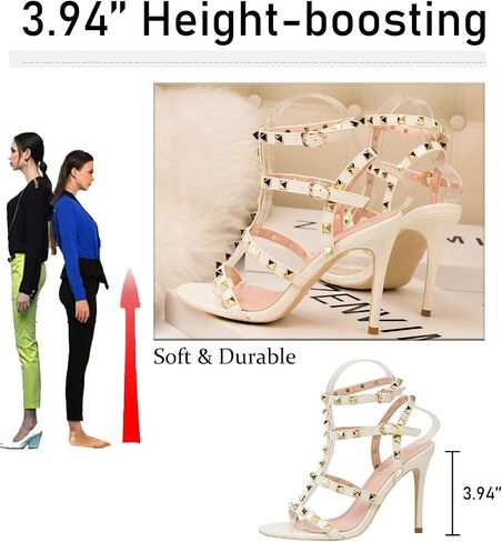 Women's Studded Strappy Leather Stiletto Heels Sandals with Adjustable Ankle Buckle Sexy Open Pointed Toe Fashion T-Strap Roman High Heel Pumps for Party Prom Dress Shoes in Saudi Arabia