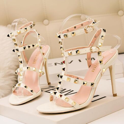 Women's Studded Strappy Leather Stiletto Heels Sandals with Adjustable Ankle Buckle Sexy Open Pointed Toe Fashion T-Strap Roman High Heel Pumps for Party Prom Dress Shoes in Saudi Arabia