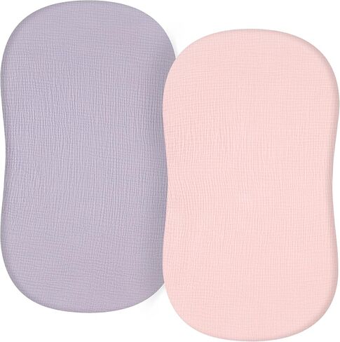 TILLYOU Muslin Bassinet Sheet - Ultra Soft Cotton Material, Skin Friendly Bassinet Fitted Sheet for Baby, Fit for Rectangle, Round, Oval, Hourglass Mattress,33"x16"，Light Purple&Light Pink in Kuwait