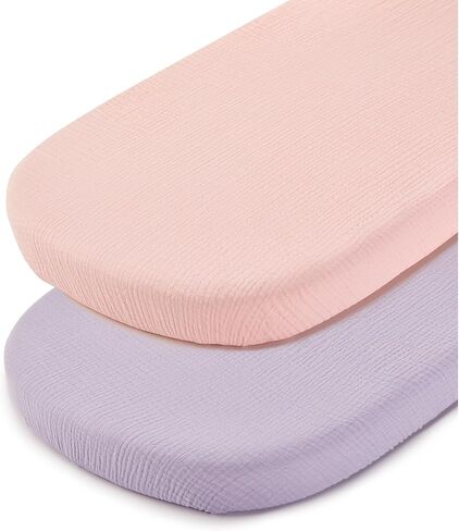 TILLYOU Muslin Bassinet Sheet - Ultra Soft Cotton Material, Skin Friendly Bassinet Fitted Sheet for Baby, Fit for Rectangle, Round, Oval, Hourglass Mattress,33"x16"，Light Purple&Light Pink in Kuwait