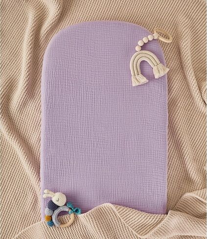 TILLYOU Muslin Bassinet Sheet - Ultra Soft Cotton Material, Skin Friendly Bassinet Fitted Sheet for Baby, Fit for Rectangle, Round, Oval, Hourglass Mattress,33"x16"，Light Purple&Light Pink in Kuwait