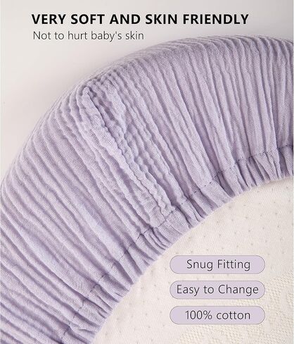 TILLYOU Muslin Bassinet Sheet - Ultra Soft Cotton Material, Skin Friendly Bassinet Fitted Sheet for Baby, Fit for Rectangle, Round, Oval, Hourglass Mattress,33"x16"，Light Purple&Light Pink in Kuwait