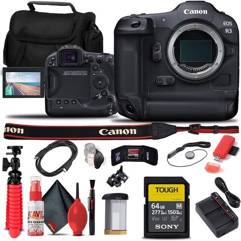 Canon EOS R3 Mirrorless Camera (4895C002) + Sony 64GB Tough SD Card + Card Reader + Case + Flex Tripod + Hand Strap + Cap Keeper + Memory Wallet + Cleaning Kit (Renewed) in Saudi Arabia