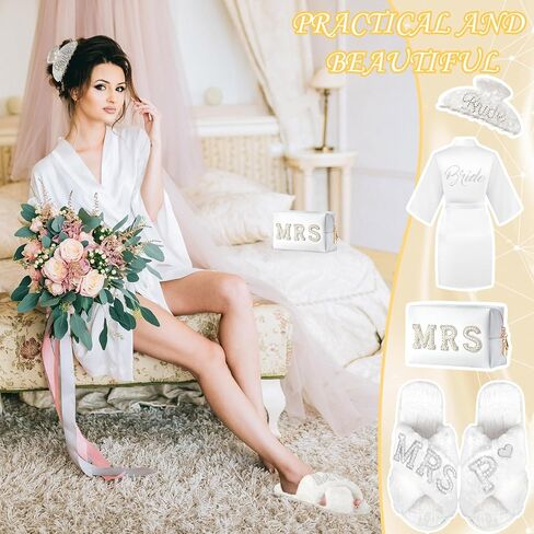 Personalized Initial Wedding Bride Slippers, Bride to Be Gifts, Bridal Shower Gifts, Bride Robe Hair Clip MRS Makeup Bag in Saudi Arabia