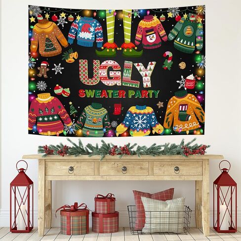 Mocsicka Ugly Sweater Party Backdrop Christmas Elfed Up Ugly Sweater Party Decoration Ugly Christmas Sweater Party Banner Photo Booth Props (7x5ft(82''x60'')) in Saudi Arabia