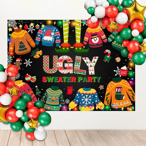 Mocsicka Ugly Sweater Party Backdrop Christmas Elfed Up Ugly Sweater Party Decoration Ugly Christmas Sweater Party Banner Photo Booth Props (7x5ft(82''x60'')) in Saudi Arabia