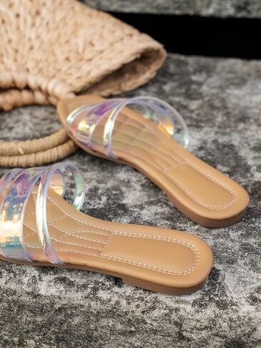 صندل نسائي من GORGLITTER بشريط شفاف ومسطح ومقدمة معدنية مربعة الشكل in Saudi Arabia