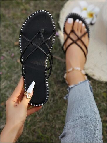 GORGLITTER Women's Criss Cross Strappy Thong Flat Sandals Round Toe Pu Leather Slide Shoes in Saudi Arabia