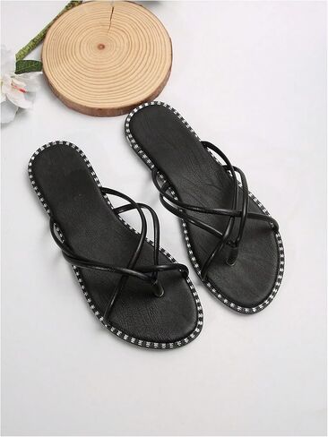 GORGLITTER Women's Criss Cross Strappy Thong Flat Sandals Round Toe Pu Leather Slide Shoes in Saudi Arabia