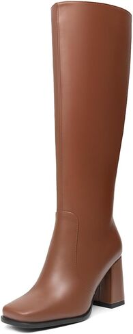 Knee High Boots Women Chunky Heel Tall Boots Square Toe Long Boots with Side Zipper in Saudi Arabia