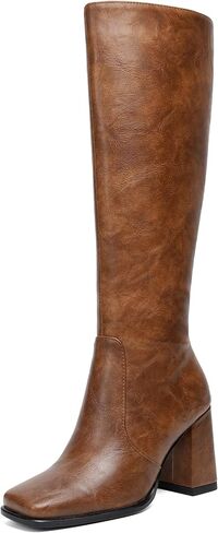 Knee High Boots Women Chunky Heel Tall Boots Square Toe Long Boots with Side Zipper in Saudi Arabia